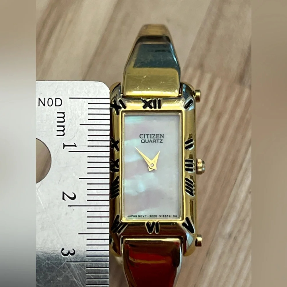 Citizen Ladies Watch Gold-Tone Bangle Bracelet Rainbow Pearl Rectangular Dial